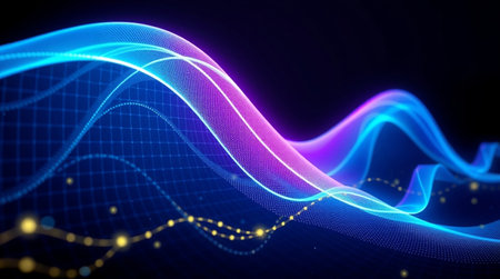 3d illustration of abstract background with glowing particles, wave lines and bokeh