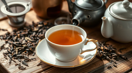 Tea cup and teapot on wooden table, closeup viewの写真素材
