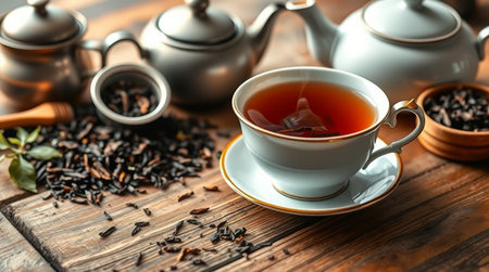 Cup of tea with teapot and cups on wooden tableの写真素材