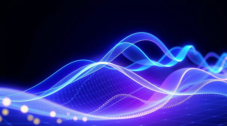 abstract blue wave background with glowing particles, 3d render illustration