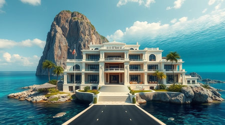 3D CG rendering of luxury villa on the seashoreの写真素材