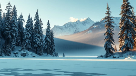 Fantastic winter landscape with frozen lake and snow covered fir treesの写真素材