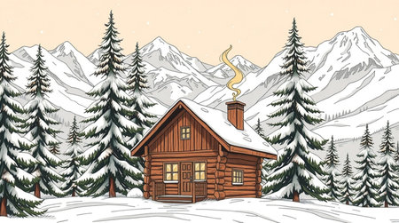 Wooden house in the mountains. Winter landscape. Vector illustration.の写真素材