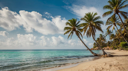 Tropical beach with coconut palm trees and turquoise seaの写真素材