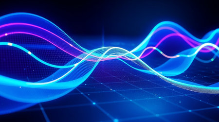 Futuristic technology wave background design with glowing lines. 3d rendering