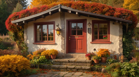 Autumn in the botanical garden. The cottage is decorated with colorful autumn leaves.