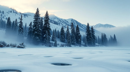 Winter landscape with a frozen lake in the mountains, 3d renderの写真素材