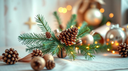 Christmas background with fir branches, cones and christmas decorations on wooden tableの写真素材