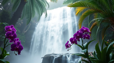 Beautiful tropical waterfall with purple orchids in the jungle.の写真素材