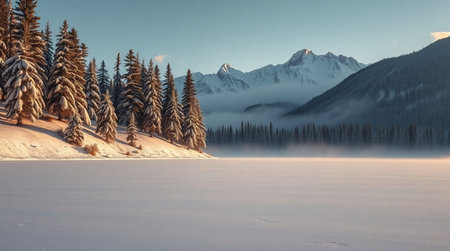 Beautiful winter landscape with snow covered mountains and lake in Canada.の写真素材