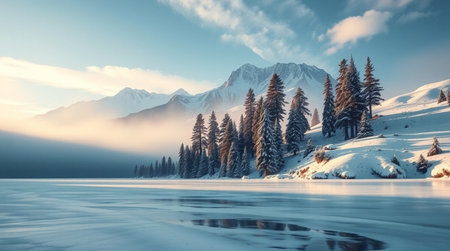 Beautiful winter landscape with snow-capped mountains, lake and forestの写真素材
