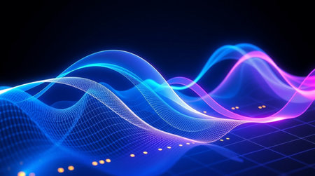 abstract blue background with glowing particles and lines, 3d render