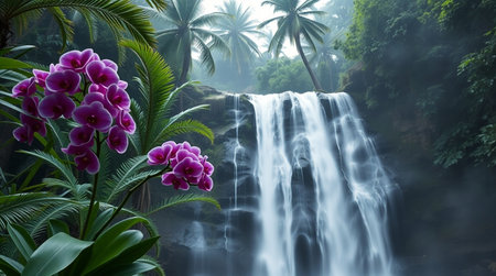 Waterfall with orchids and palm trees in the jungle.の写真素材