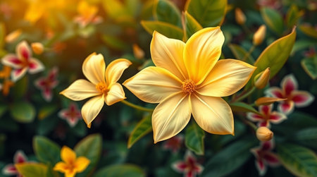 Close up of yellow flower in the garden with sunlight and bokeh background