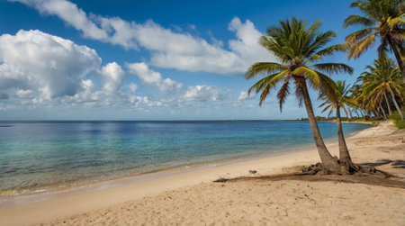 Tropical beach with palm trees and blue sky with white cloudsの写真素材