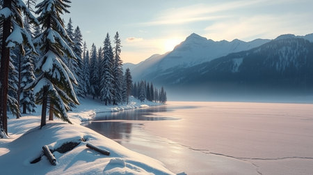 Beautiful winter landscape with frozen lake and mountains in the background.の写真素材