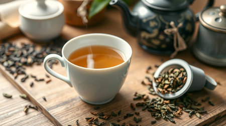 Cup of tea with teapot on wooden table, closeupの写真素材