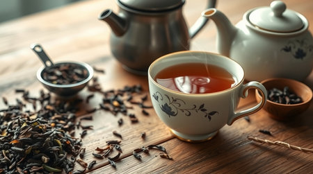Cup of tea with teapot and cups on wooden table