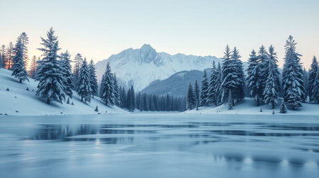 Beautiful winter landscape with frozen lake and snow-capped mountainsの写真素材
