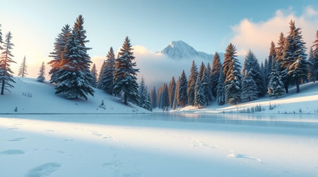Fantastic winter landscape with snow covered fir trees and lake.の写真素材