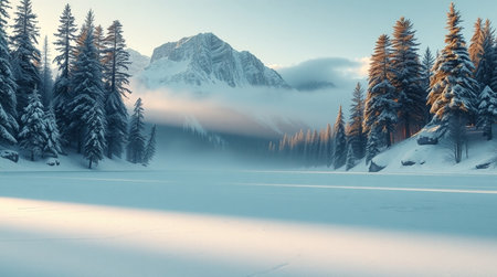 Beautiful winter landscape with frozen lake and snow-capped mountainsの写真素材