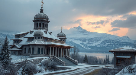 Panoramic view of a church in a winter landscape with mountains