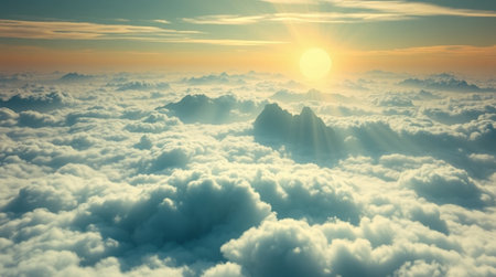 Beautiful aerial view above clouds with sunset. 3d rendering illustration