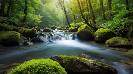 Beautiful waterfall in the forest with green moss and water stream background