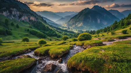 Panoramic view of a mountain river in the Swiss Alps.の写真素材