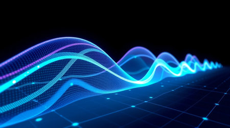 3d illustration of abstract technology background with glowing particles, wave flowの写真素材