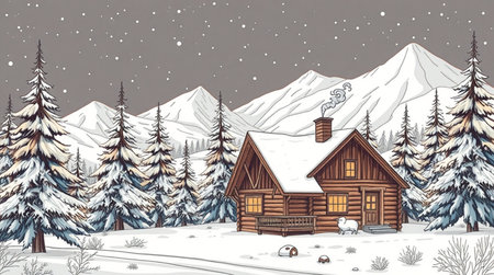 Winter landscape with a wooden house in the mountains. Vector illustration.の写真素材