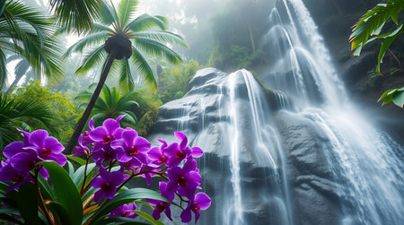 Beautiful waterfall in tropical rainforest with orchid flowers.の写真素材