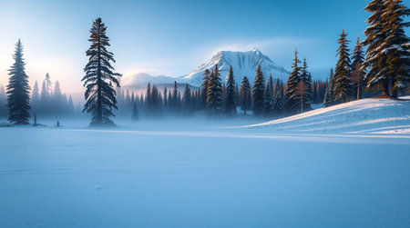 Panorama of Mount Rainier in winter with snow covered trees.の写真素材
