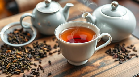Cup of tea and teapot on wooden table, closeupの写真素材