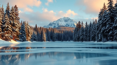 Beautiful winter landscape with frozen lake and snow-capped mountainsの写真素材