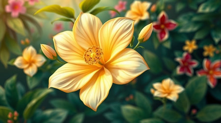 Beautiful yellow flower in the garden. 3d render illustration.