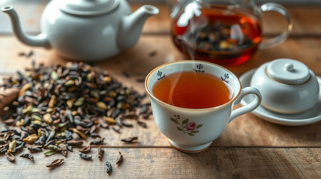 Cup of tea and teapot on wooden table, closeupの写真素材