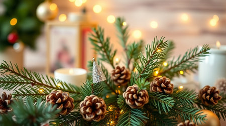 Christmas tree branches with pine cones and candles on a wooden background.の写真素材