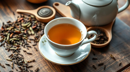 Cup of tea and teapot on wooden table, closeupの写真素材
