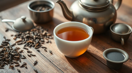 Cup of tea and teapot on wooden table, closeupの写真素材
