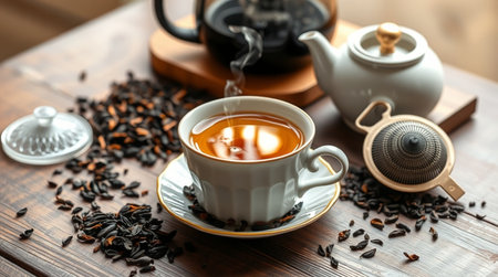 Cup of tea and teapot on wooden table, closeupの写真素材