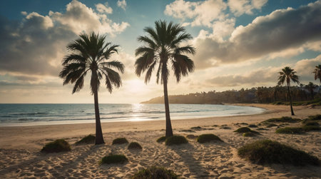 Palm trees on the beach at sunset. Panoramic viewの写真素材
