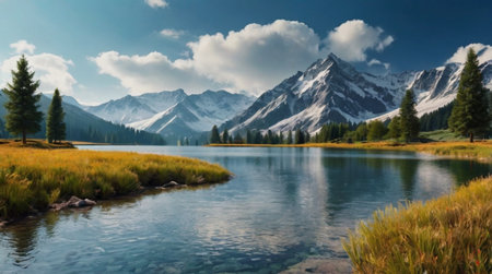 Panoramic view of alpine lake with snow-capped mountainsの写真素材