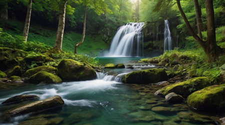 Waterfall in the green forest. Beautiful waterfall in a summer forest.