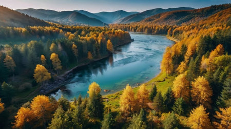 Aerial view of beautiful autumn landscape with river and colorful forest.の写真素材