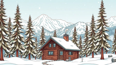 Winter landscape with a wooden house in the mountains. Vector illustration.の写真素材
