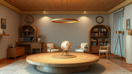3D rendering of a living room with a wooden floor and a bookcase
