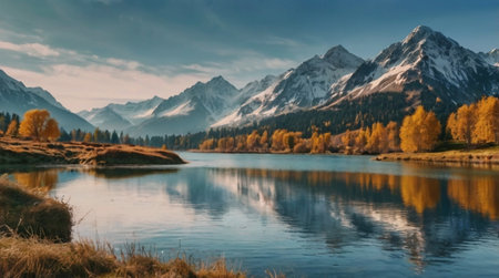 panoramic view of autumn alpine lake with reflection of mountains in waterの写真素材