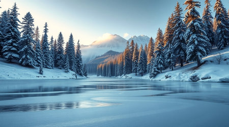 Beautiful winter landscape with mountain lake and snow covered pine trees.の写真素材
