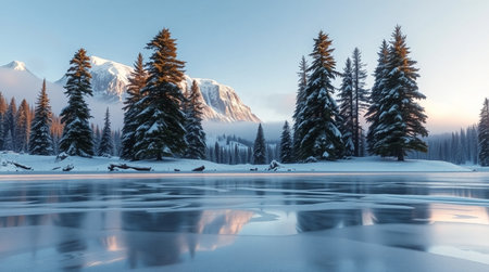 Beautiful winter landscape with frozen lake and coniferous forest.